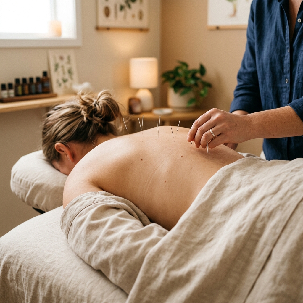 Acupuncture treatment with fine needles placed along the patient's back