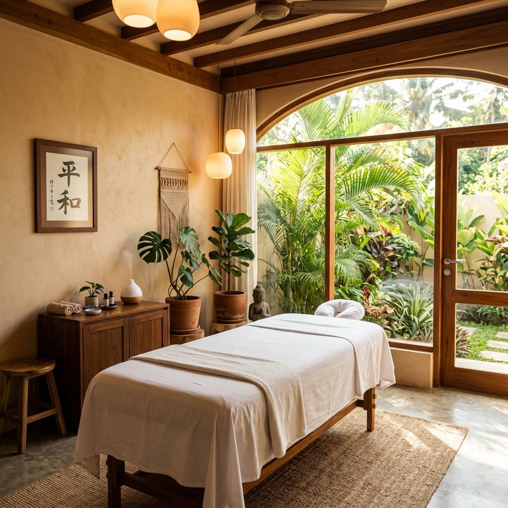 Peaceful acupuncture treatment room with warm lighting and natural decor in Troncones, Mexico